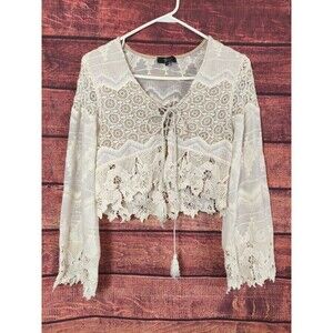 Cream Fairy Knit Cropped Bell Sleeve Corset Lace Up Cardigan Size Sm Cottagecore